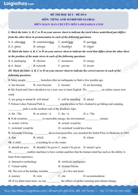 Đề thi học kì 2 Tiếng Anh 10 Friends Global - Đề số 6